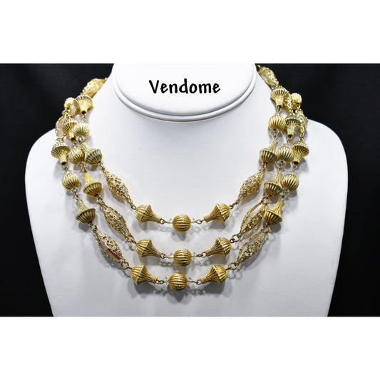 Vendome Gold Tone Crystal Beaded Necklace, 3 Strands, 1950s Vintage