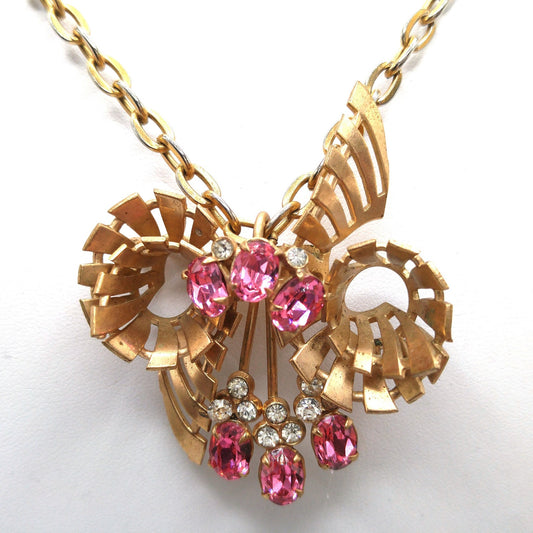 Pink Rhinestone Brooch Pendant Necklace, Gold Plated Pendant Brooch Combo, 1940s Vintage Jewelry