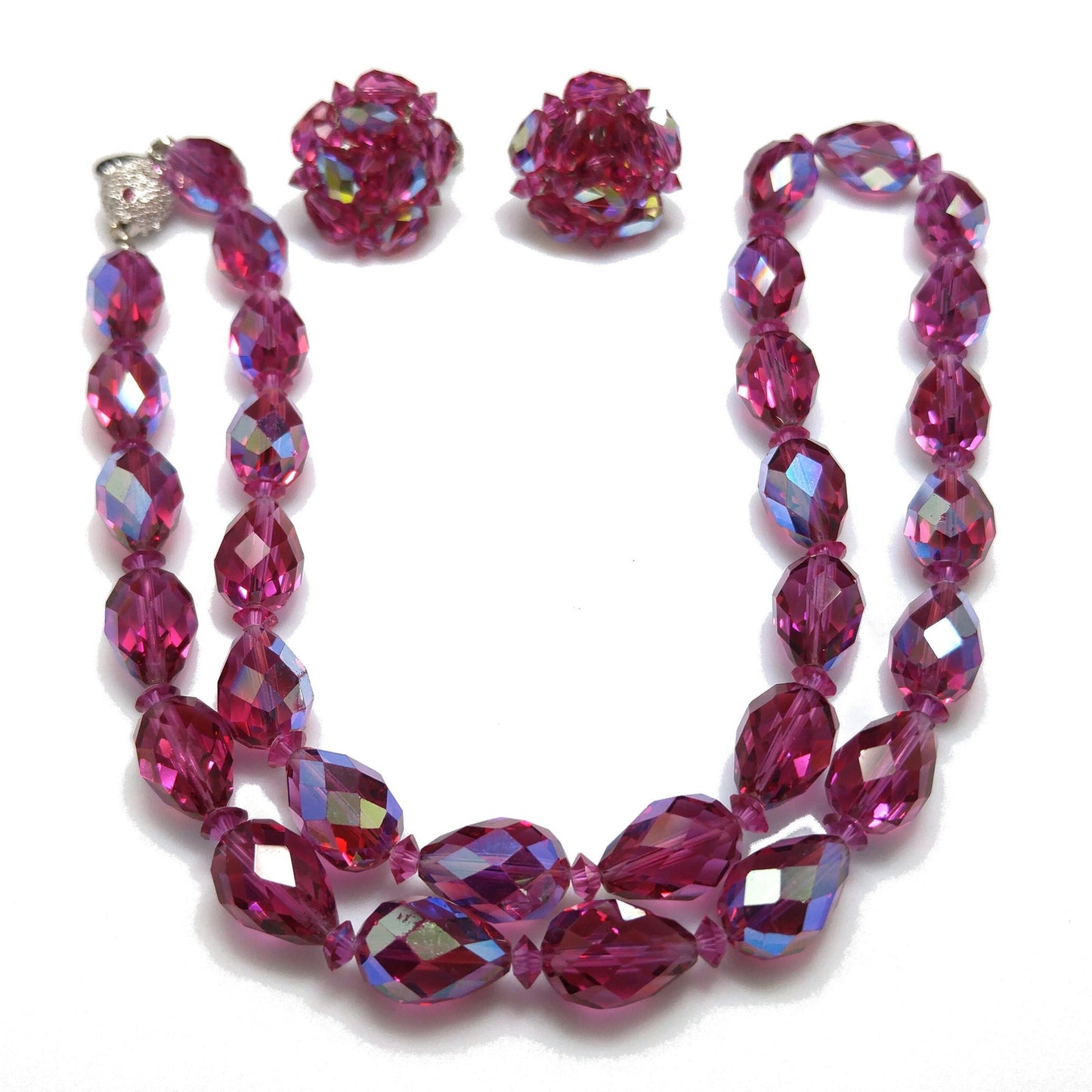 Vendome Hot Pink Crystal Necklace & Clip Earrings Set 1960s AB Teardrop Beads