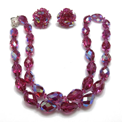 Vendome Hot Pink Crystal Necklace & Clip Earrings Set 1960s AB Teardrop Beads