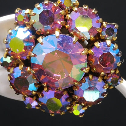 Kramer Pink Brooch Clip Earrings, Aurora Borealis, 1960s Vintage Jewelry