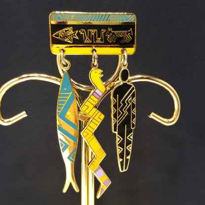 Laurel Burch "Artifacts" Brooch, Fish Snake Man, Gold Plated, 1980s Vintage