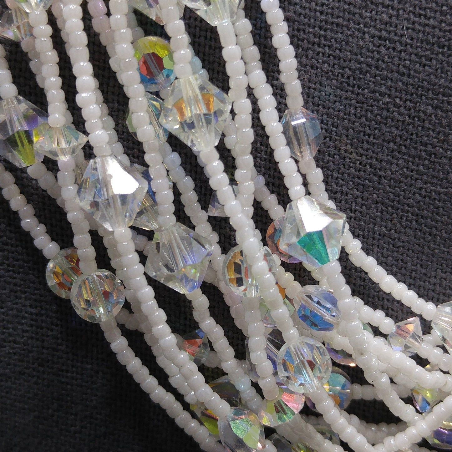 Vendome Seed Bead Aurora Borealis Crystal Necklace Earrings Set, Beaded Claps, 14 Strands, 1960s Vintage Jewelry
