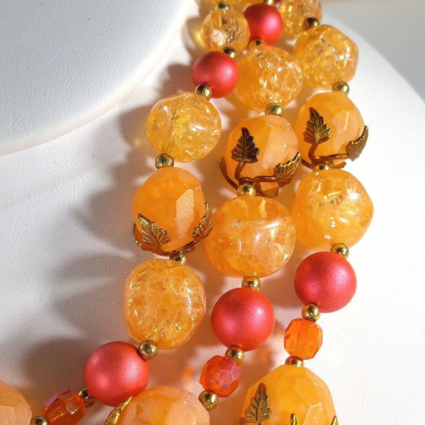 Deauville Lucite Beaded Necklace, 1950s Orange Red 3 Strand Vintage
