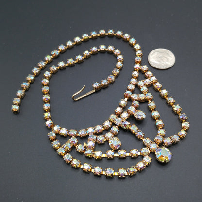Aurora Borealis Rhinestone Choker Necklace, Gold Plated, 1960s Vintage Jewelry
