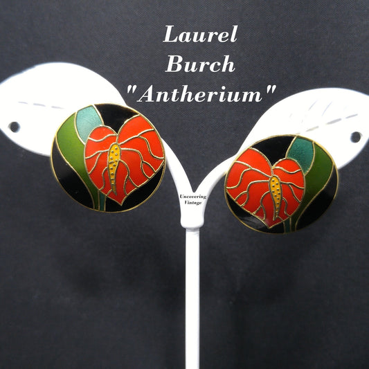 Vintage Laurel Burch Red "Antherium" Post Earrings, Gold Plated