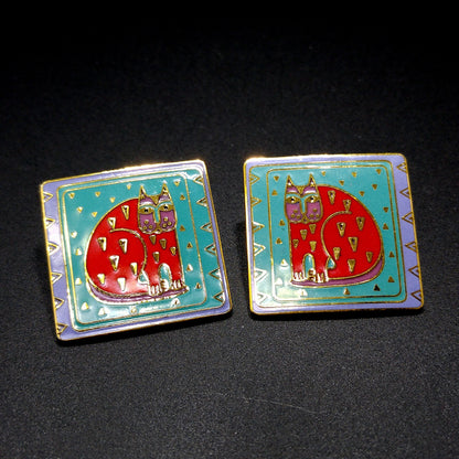 Laurel Burch "Fantastic Feline" Large Cat Post Earrings, Gold Plated, 1980s Vintage Jewelry
