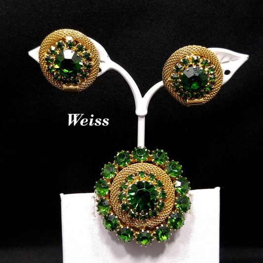 Vintage Weiss Green Rhinestone Brooch & Earrings, Gold Plated Mesh