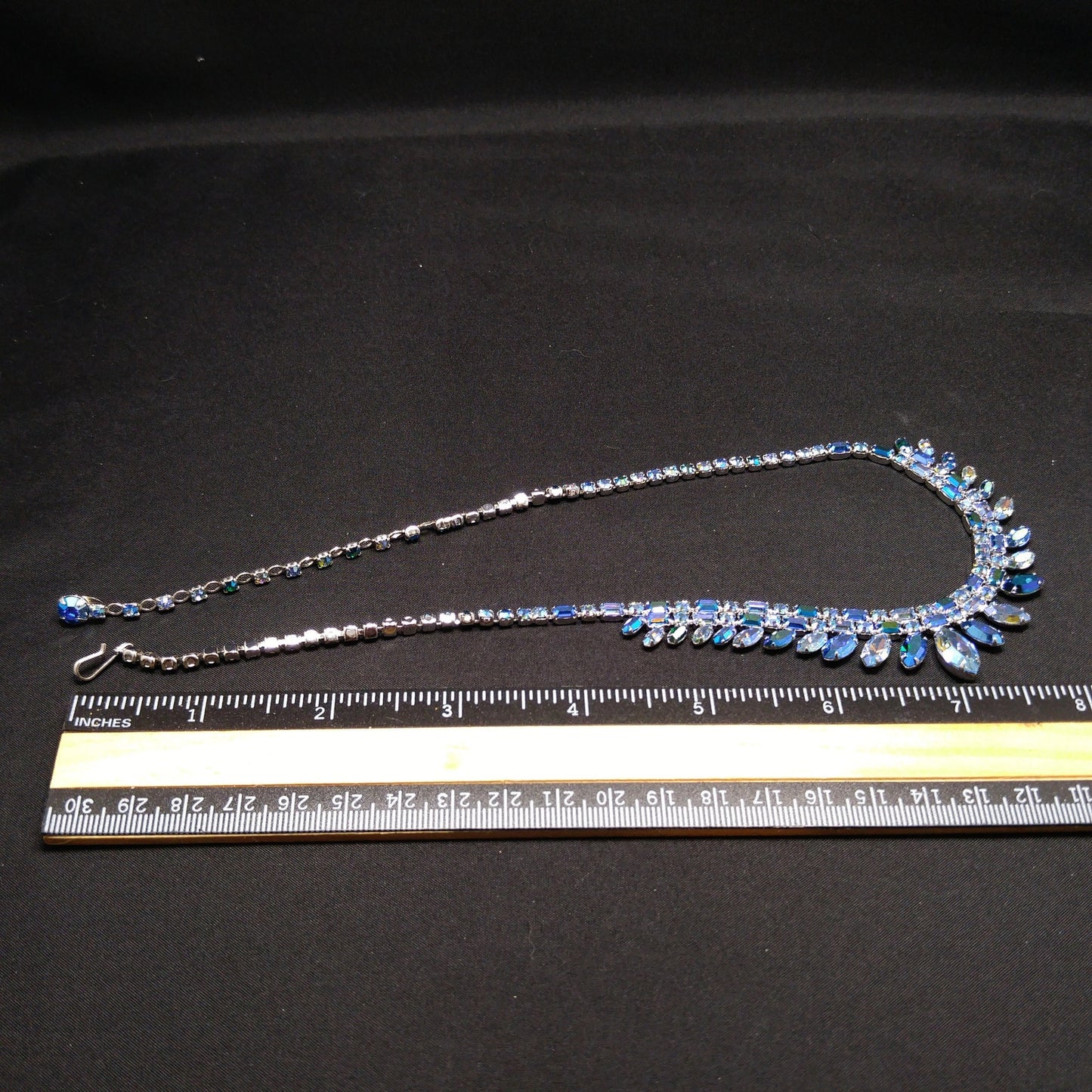 Sherman 1950s–60s Blue Aurora Borealis Rhinestone Necklace | Rhodium Plated Mid-Century Statement Collar