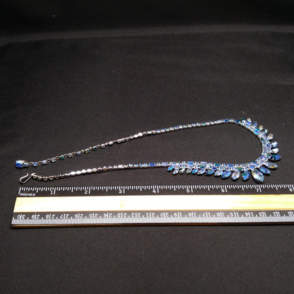 Sherman 1950s–60s Blue Aurora Borealis Rhinestone Necklace | Rhodium Plated Mid-Century Statement Collar