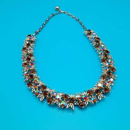 Vintage Topaz Aurora Borealis Choker Necklace, Gold Tone, 1960s, 16"