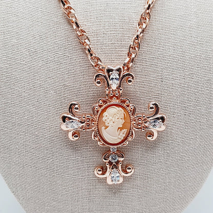 Amedeo Rose Gold Cameo Cross Pendant Necklace with Rhinestones, 18 Inches