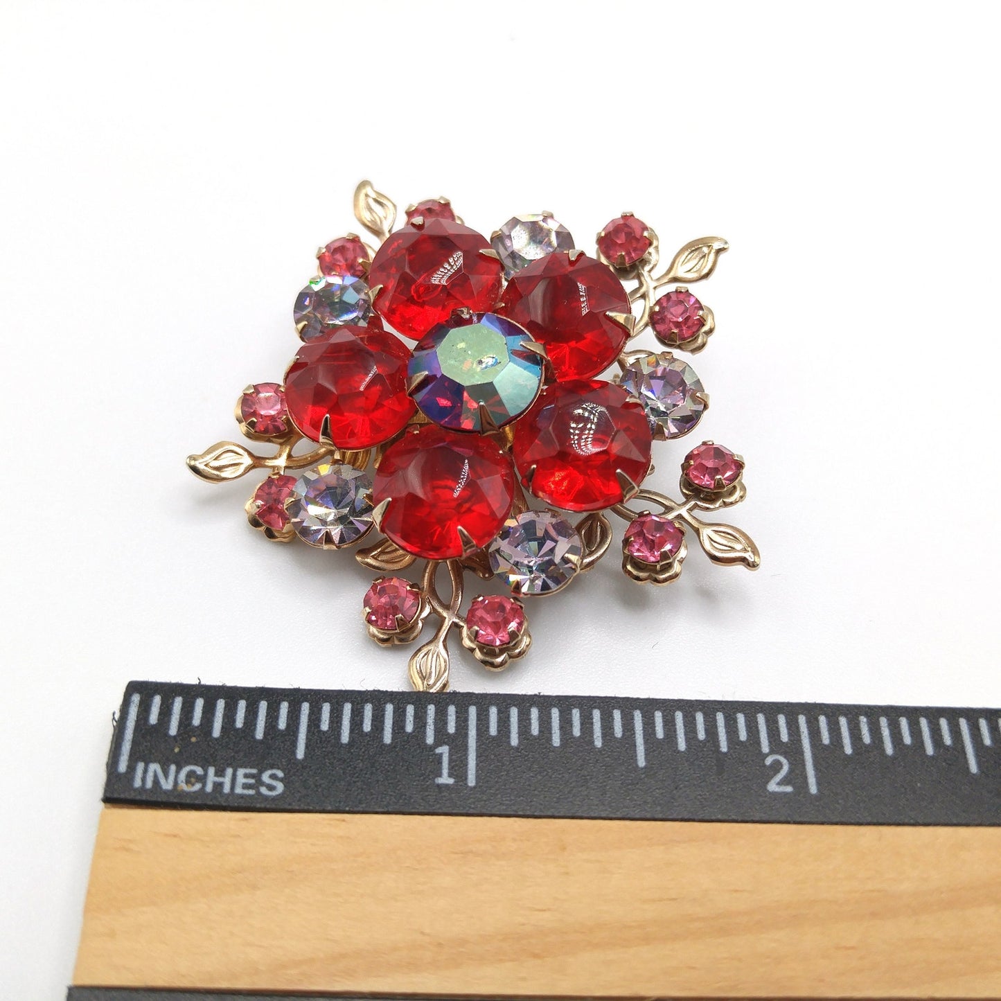 Aurora Borealis Red Pink Lavender Floral Brooch, Riveted Construction, Gold Tone, 1950s Vintage Jewelry
