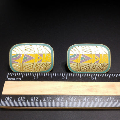 Laurel Burch "Senegal" Large Post Earrings, Cloisonné Gold Plated Enamel, 1980s Vintage Jewelry