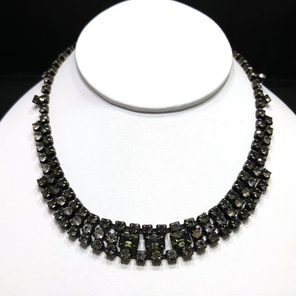 Kramer Black Diamond Rhinestone Choker Necklace, Dark Green Glass, 1950s Vintage Jewelry