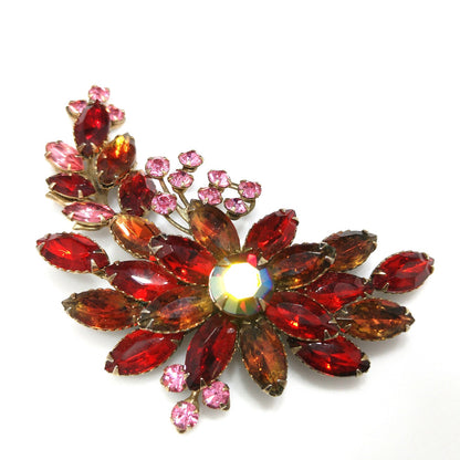 Red Rhinestone Floral Spray Brooch, Gold Plated, 1950s Vintage Jewelry
