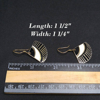 Vintage Laurel Burch Black White Gold Fan Drop Earrings, Gold Plated Enamel