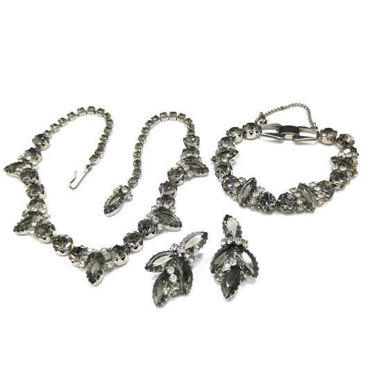 Black Diamond & Clear Rhinestone Jewelry Set, Necklace Bracelet Clip Earrings, 1950s Vintage Jewelry