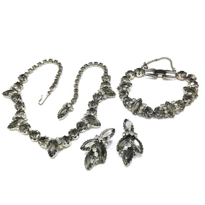Black Diamond & Clear Rhinestone Jewelry Set, Necklace Bracelet Clip Earrings, 1950s Vintage Jewelry
