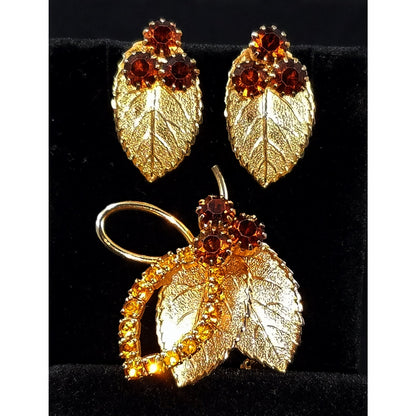 Vintage Judy Lee Gold Leaf Brooch & Earrings Set Topaz Rhinestones 1950s