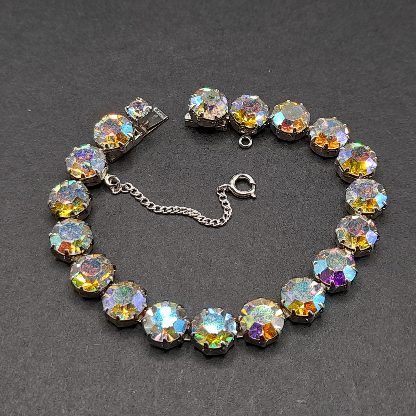 Weiss Style Aurora Borealis Crystal Bracelet, Rhodium Plated, Safety Chain, Vintage Jewelry