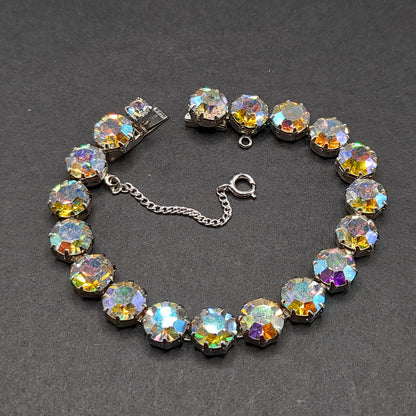 Weiss Style Aurora Borealis Crystal Bracelet, Rhodium Plated, Safety Chain, Vintage Jewelry