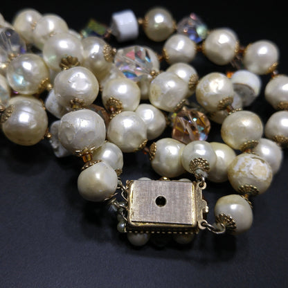 Vintage 1950s Faux Pearl Crystal Necklace Aurora Borealis Double Strand