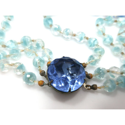 Blue Moonglow Crystal Art Glass Beaded Necklace, Three Strands, Crystal Clasp, 1950s Vintage Jewelry