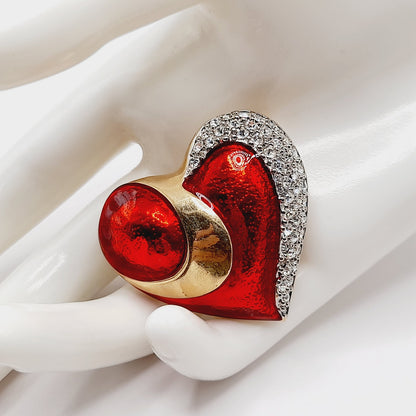 Vintage Red Enamel CZ Heart Brooch Christmas Pin 1.5 Inch European Style