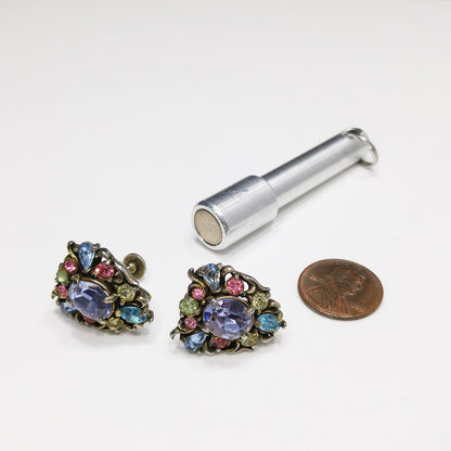 Hollycraft Pastel Rhinestone Earrings, Signed Copr 1950, Vintage Jewelry
