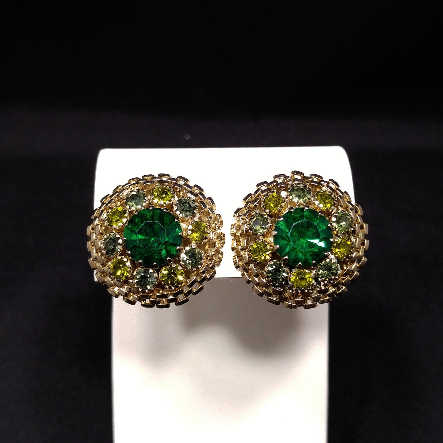 Weiss Emerald Green Rhinestone Earrings, Peridot Rhinestones, 1950s Vintage