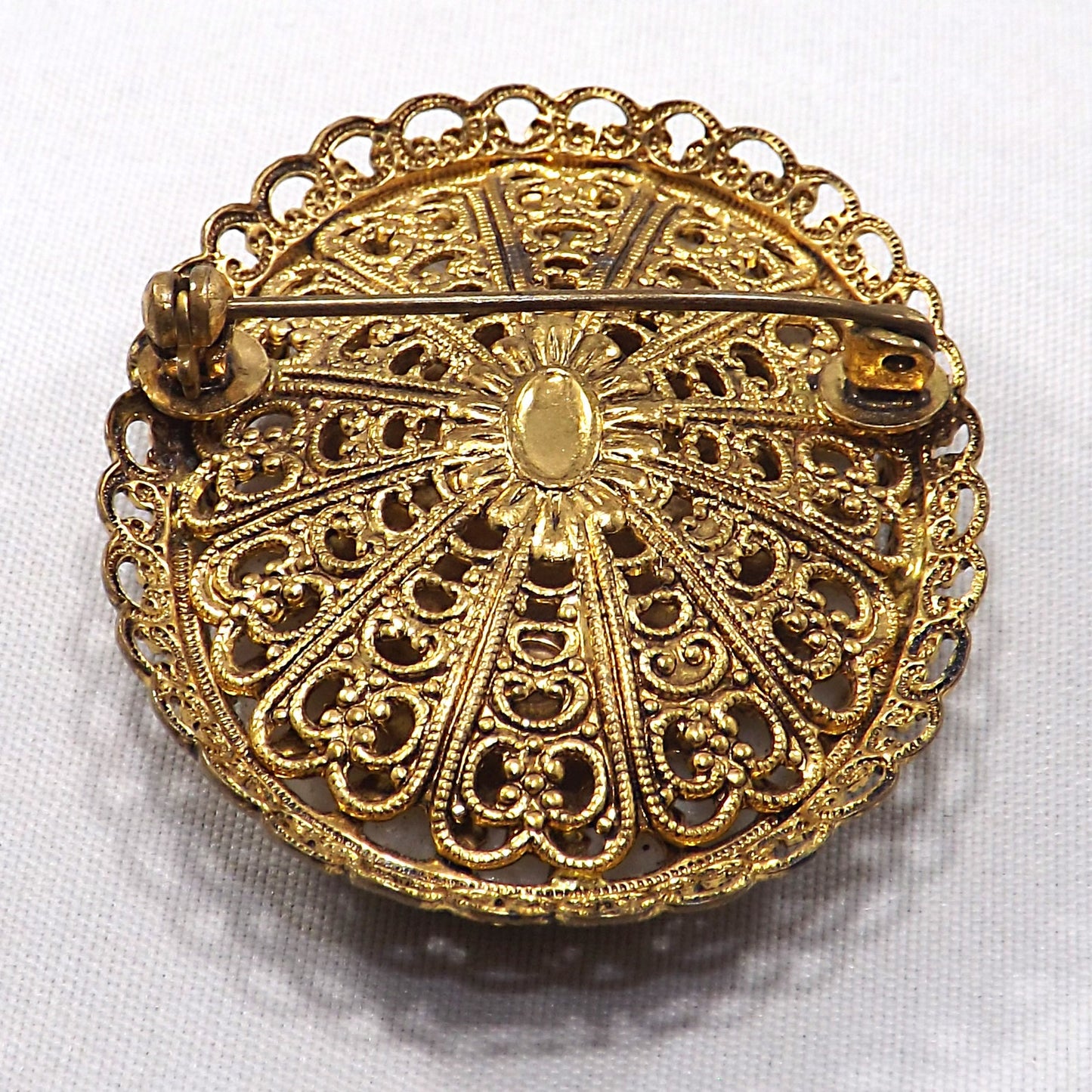 West Germany Sugar Glass Floral Brooch, Filigree Back, 1960s Vintage Jewelry