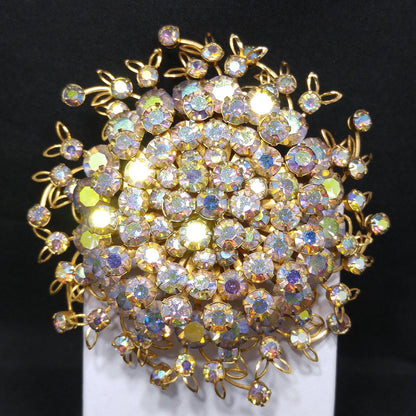 Large Clear Aurora Borealis Brooch, Gold Plated, 1950s Vintage Jewelry