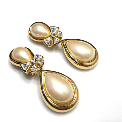 Vintage Christian Dior Large Faux Pearl Dangle Clip Earrings, Gold Plated, 1980s