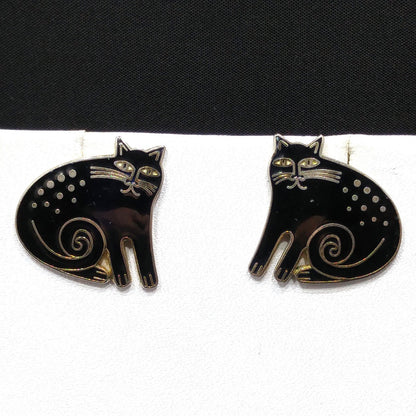 Vintage Laurel Burch "Keshire Cat" Black Post Earrings, Gold Plated