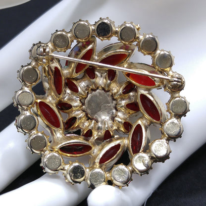Red & Pink Rhinestone Brooch, Gold Plated, 1960s Vintage Jewelry
