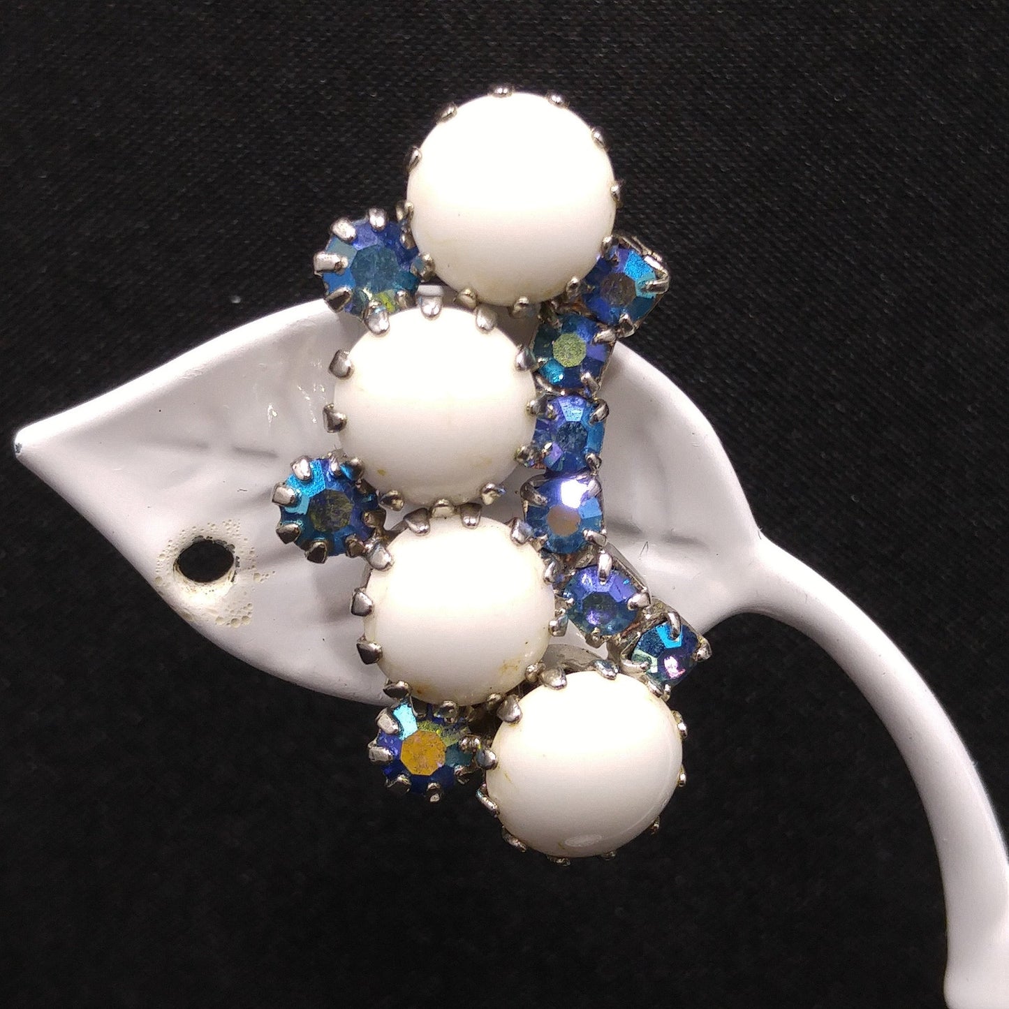 Weiss Aurora Borealis Blue Rhinestone Clip Earrings, White Milk Glass Cabochons, Ear Climbers, 1960s Vintage Jewelry
