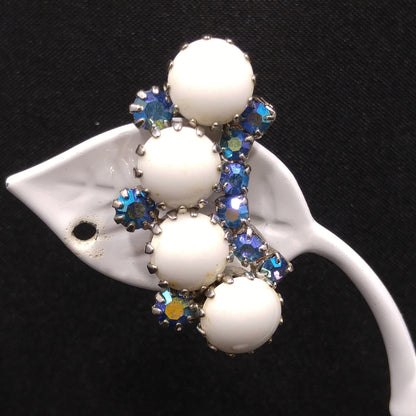 Weiss Aurora Borealis Blue Rhinestone Clip Earrings, White Milk Glass Cabochons, Ear Climbers, 1960s Vintage Jewelry