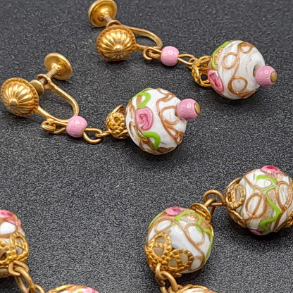 Vintage Italian Wedding Cake Bead Necklace Earrings Set, Venetian Lamp-work, 1940s Jewelry