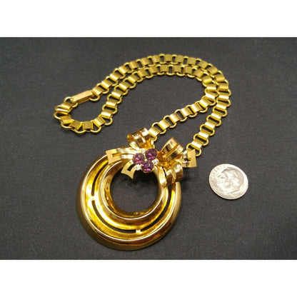 Coro 1948 Adolph Katz Bow Pendant Necklace, Gold Plate, Purple Rhinestones