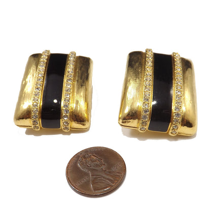 Vintage Swarovski Gold Black Enamel Clip Earrings, Crystal Rhinestones Swan Logo