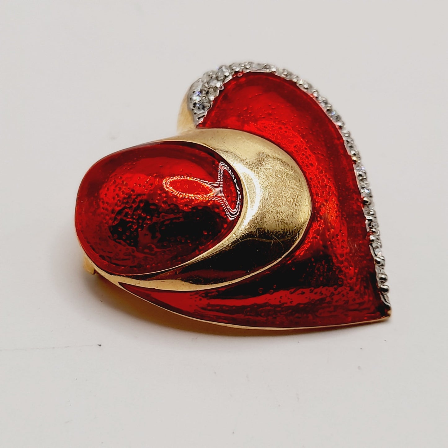 Vintage Red Enamel CZ Heart Brooch Christmas Pin 1.5 Inch European Style