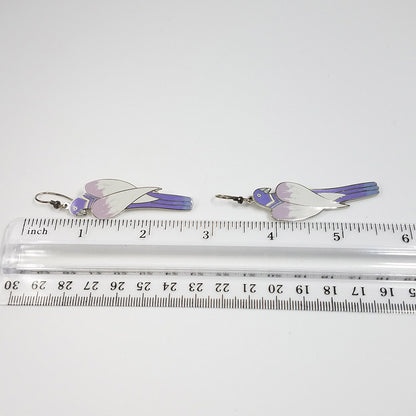 Laurel Burch "Cezanne" Parrot Earrings, Purple Lavender Cream Gray Enamel, Rhodium Plated Cloisonne Parrots, 1980s