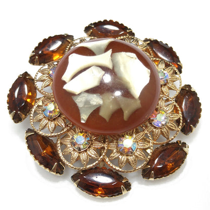 Judy Lee Lucite Flower Brooch, Aurora Borealis Rhinestones, 1960s Vintage Jewelry