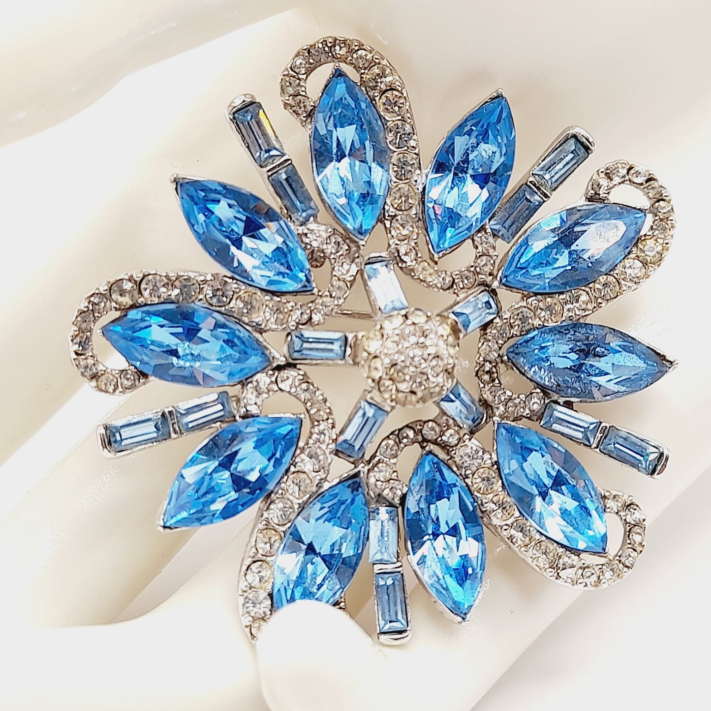 Vintage Rhodium Plated Blue Clear Rhinestone Floral Brooch – 2 1/4 Inches