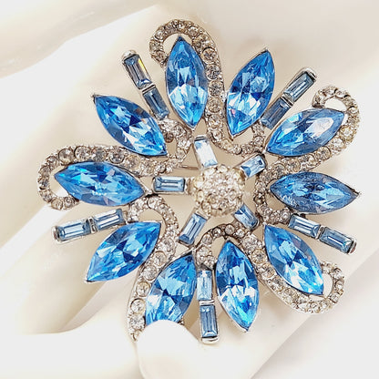 Vintage Rhodium Plated Blue Clear Rhinestone Floral Brooch – 2 1/4 Inches