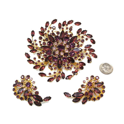 Mid-century Large Purple Rhinestone Brooch & Earrings, Floral Design, 1950s Vintage Jewelry