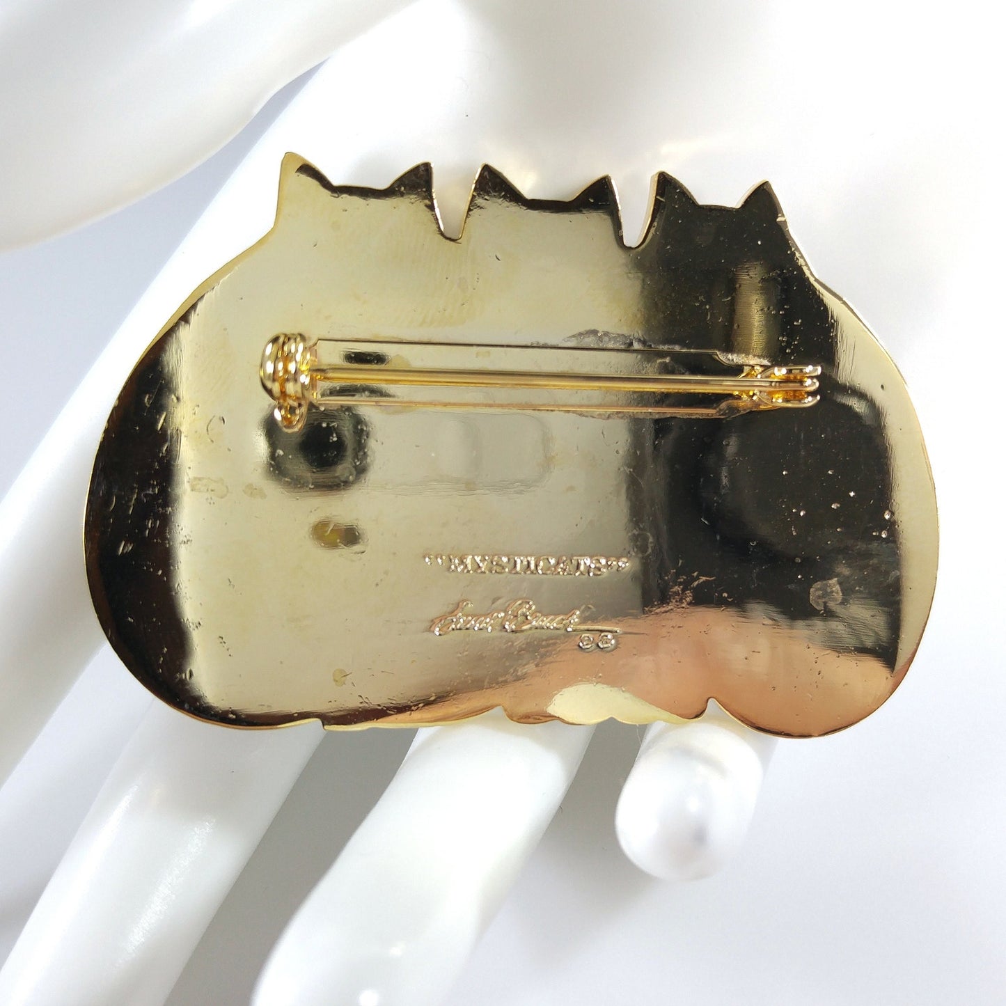 Laurel Burch "Mysticats" Large Cat Brooch, Gold Plated Cloisonne, 1980s