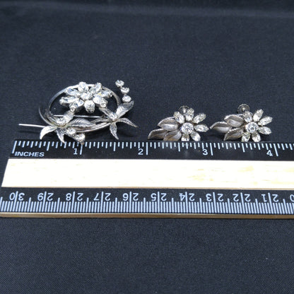 Krementz Silver Tone Clear Rhinestone Brooch, Rhodium Plated, Screw Back Earrings, 1940s
