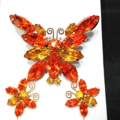 Orange & Topaz Rhinestone Butterfly Brooch Earrings Set, Gold Plating, 1960s